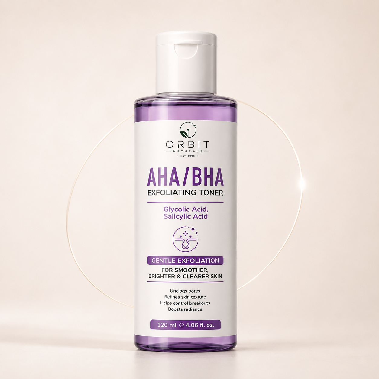 Orbit Naturals AHA/BHA Exfoliating Toner 120ml with Glycolic Acid and Salicylic Acid for gentle exfoliation, pore refining, smoother skin texture, and a brighter, clearer-looking complexion.