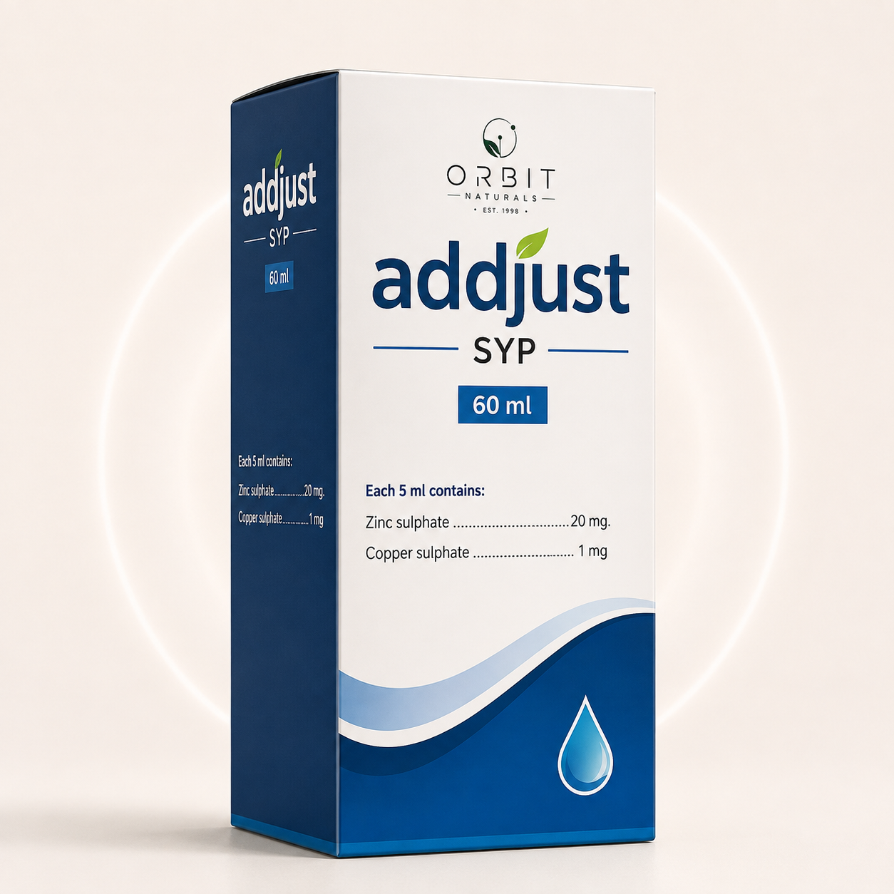 Orbit Naturals Addjust Syrup 60ml with Zinc Sulphate and Copper Sulphate nutritional supplement for immune support, healthy growth, and daily mineral supplementation.