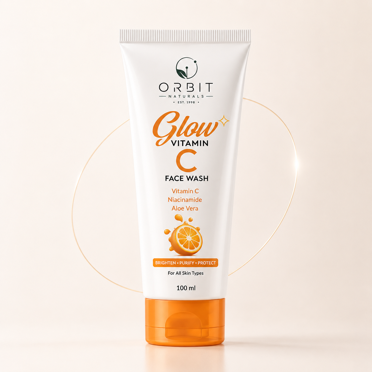 Orbit Naturals Glow Vitamin C Face Wash with Niacinamide and Aloe Vera for brightening, cleansing and refreshing all skin types, 100ml.