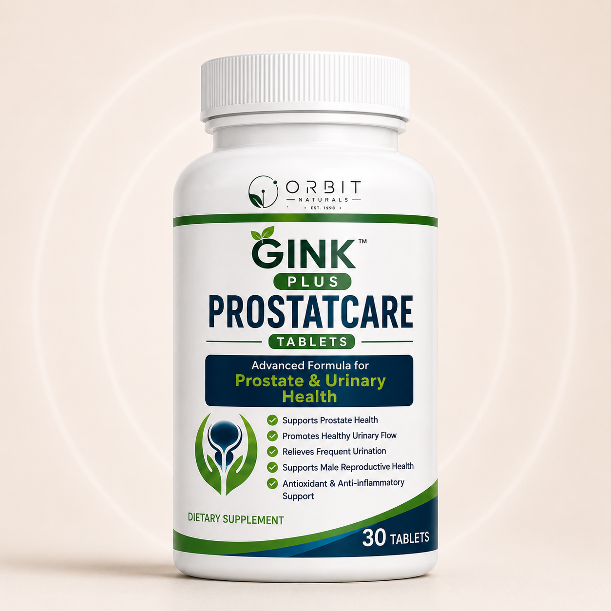 Orbit Naturals Gink Plus Prostatcare Tablets 30 tablets for prostate health, urinary support, male wellness with Ginkgo Biloba, Ginseng, Omega-3 and Vitamin B12.