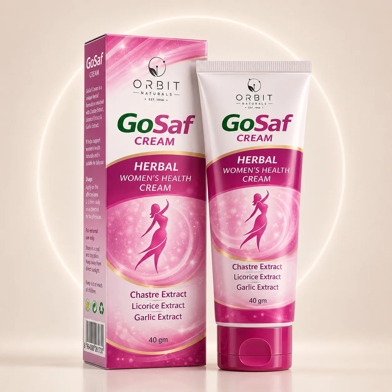 Orbit Naturals GoSaf Natural Women's Health Cream 40g with Chaste Tree Extract, Licorice Extract and Garlic Extract for daily feminine hygiene, intimate wellness and skin comfort.