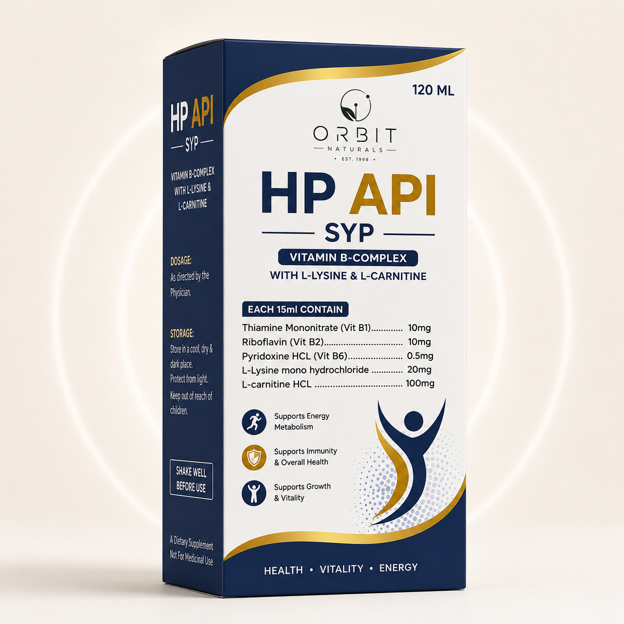 Orbit Naturals HP API Syrup – Vitamin B-Complex with L-Lysine & L-Carnitine for Energy Metabolism, Growth, Immunity & Vitality Support (120ml)