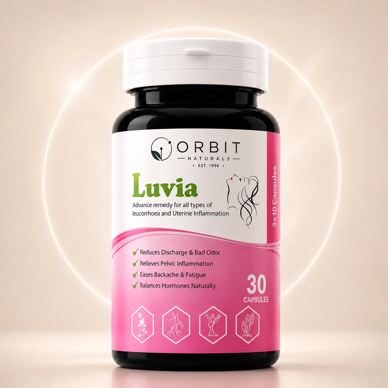 Orbit Naturals Luvia Natural Women's Wellness Capsules, a dietary supplement with Aloe Vera, Amla, Ashoka and Shatavari to support feminine wellness, reproductive health and daily nutritional care.