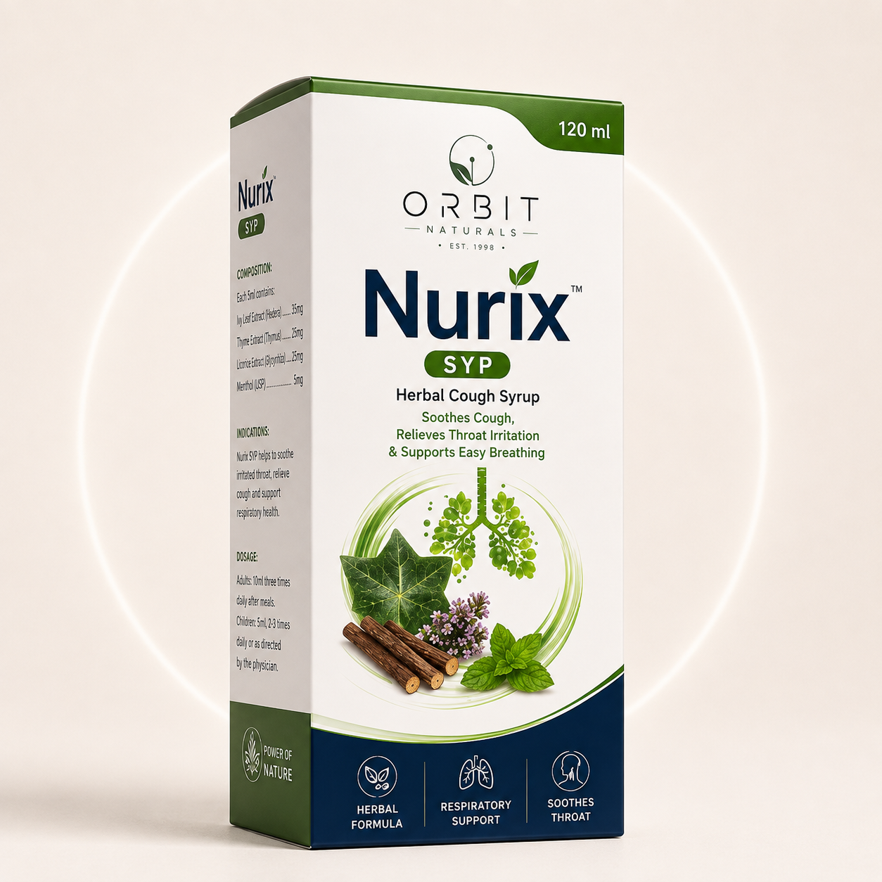 Orbit Naturals Nurix Herbal Cough Syrup 120ml with ivy leaf, thyme, licorice extract and menthol for cough relief, throat soothing and respiratory support.