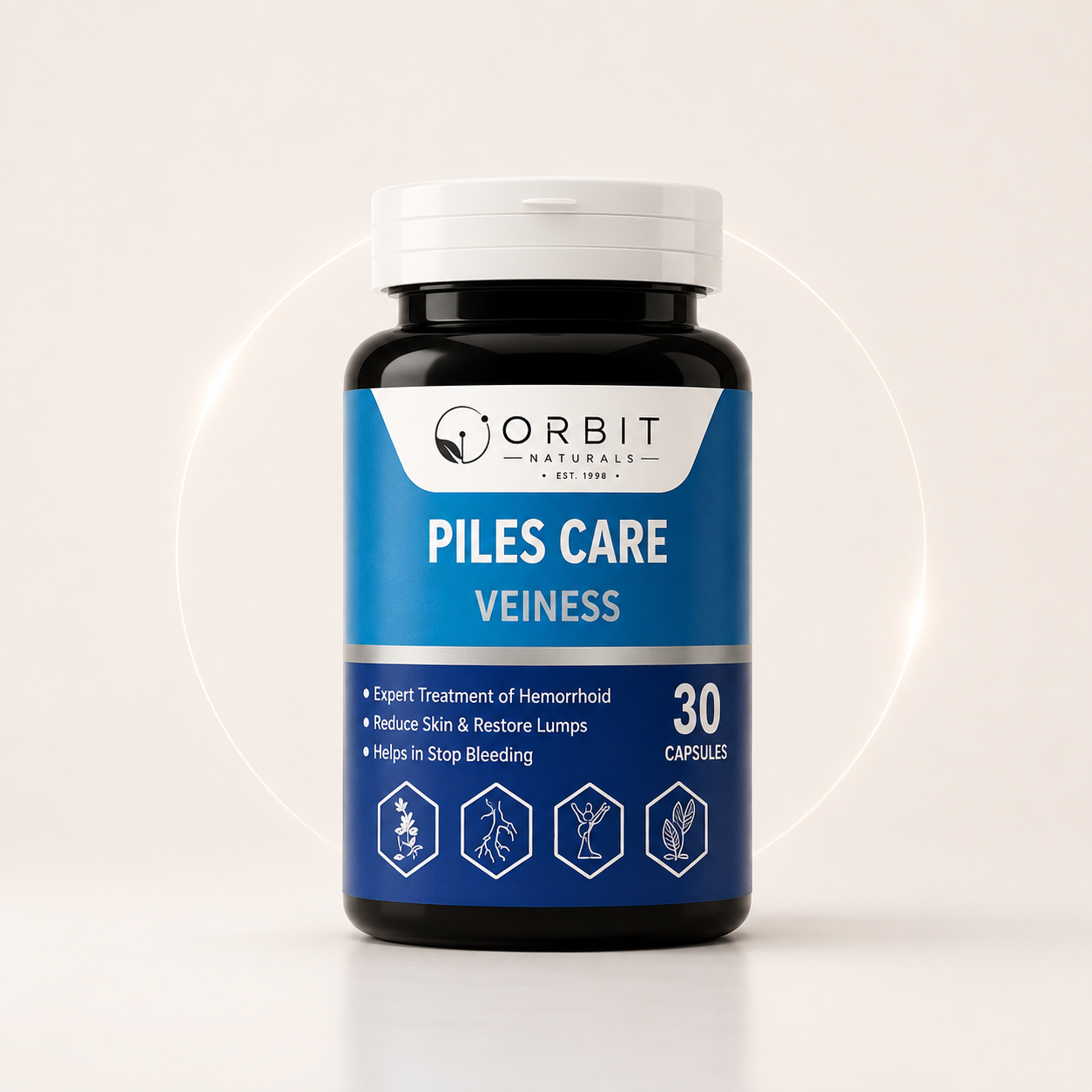 Orbit Naturals Veiness Piles Care Capsules 30 capsules with Centella Asiatica and Horse Chestnut extracts for natural vein, circulation and hemorrhoid support.