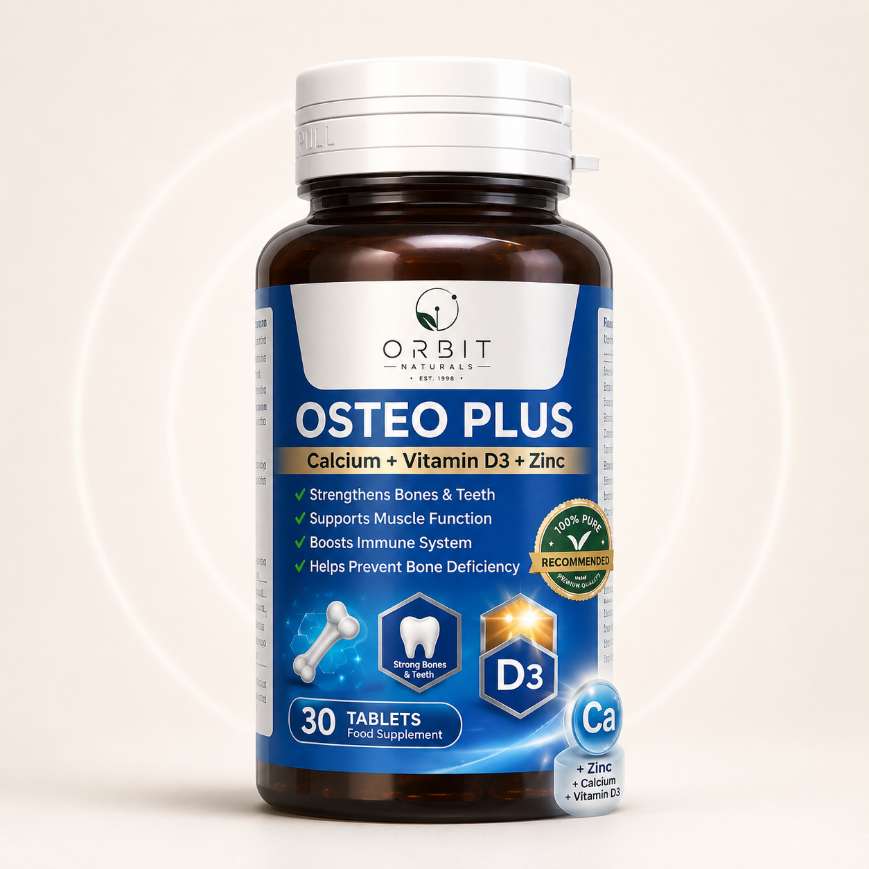 Orbit Naturals Osteo Plus Tablets – Calcium + Vitamin D3 + Zinc | Bone & Teeth Support | 30 Tablets