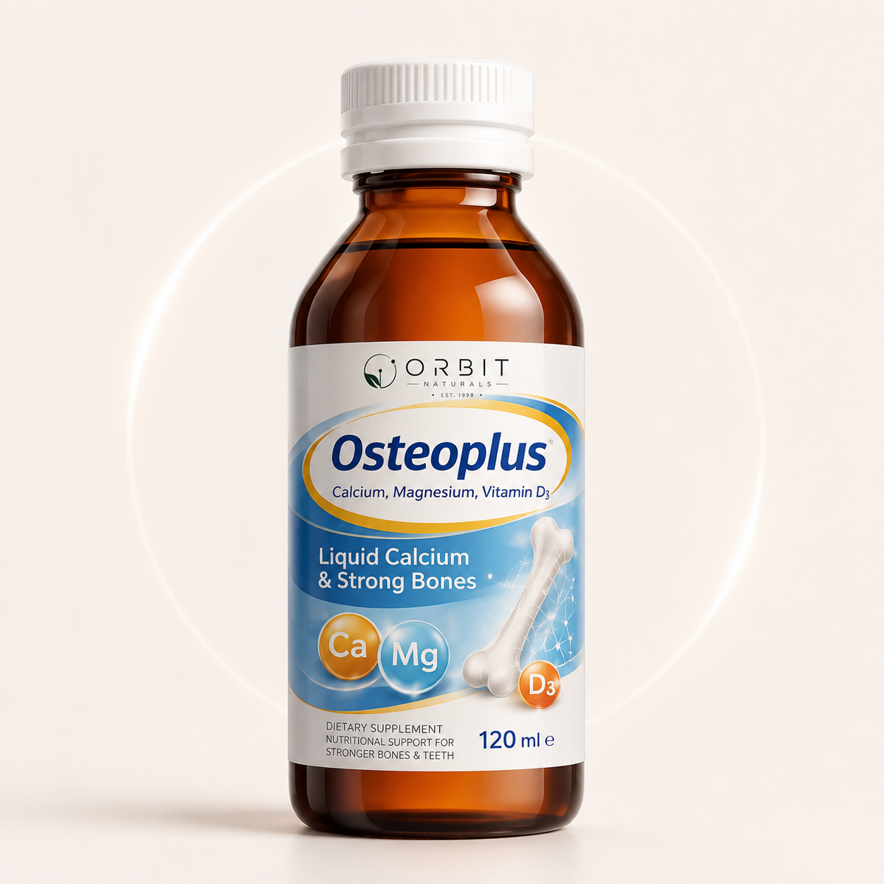 Orbit Naturals Osteoplus Liquid Calcium Syrup 120ml with Calcium, Magnesium, Vitamin D3, Zinc and Copper for strong bones, healthy teeth, muscle function and daily nutritional support.