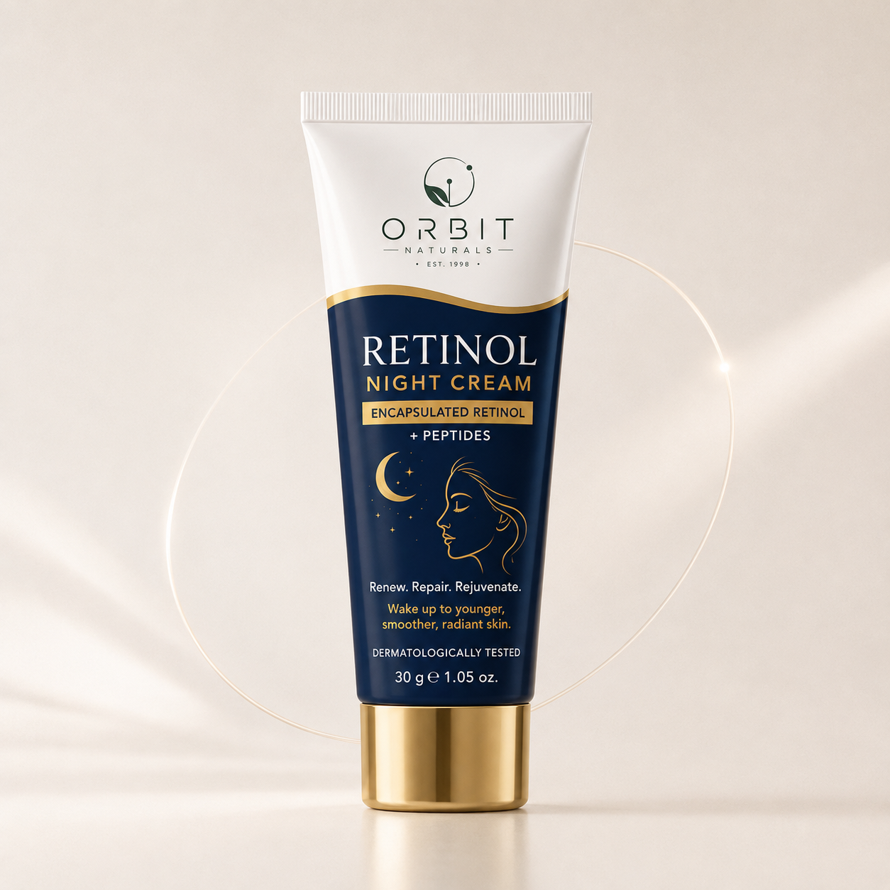 Orbit Naturals Retinol Night Cream with Encapsulated Retinol and Peptides for overnight skin renewal and anti-aging care, 30g.