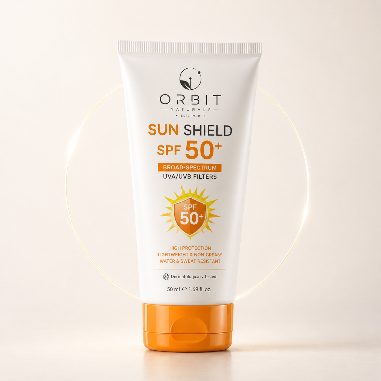 Orbit Naturals Sun Shield SPF 50+ Sunscreen | Broad-Spectrum UVA/UVB Protection | Lightweight & Water Resistant | 50ml
