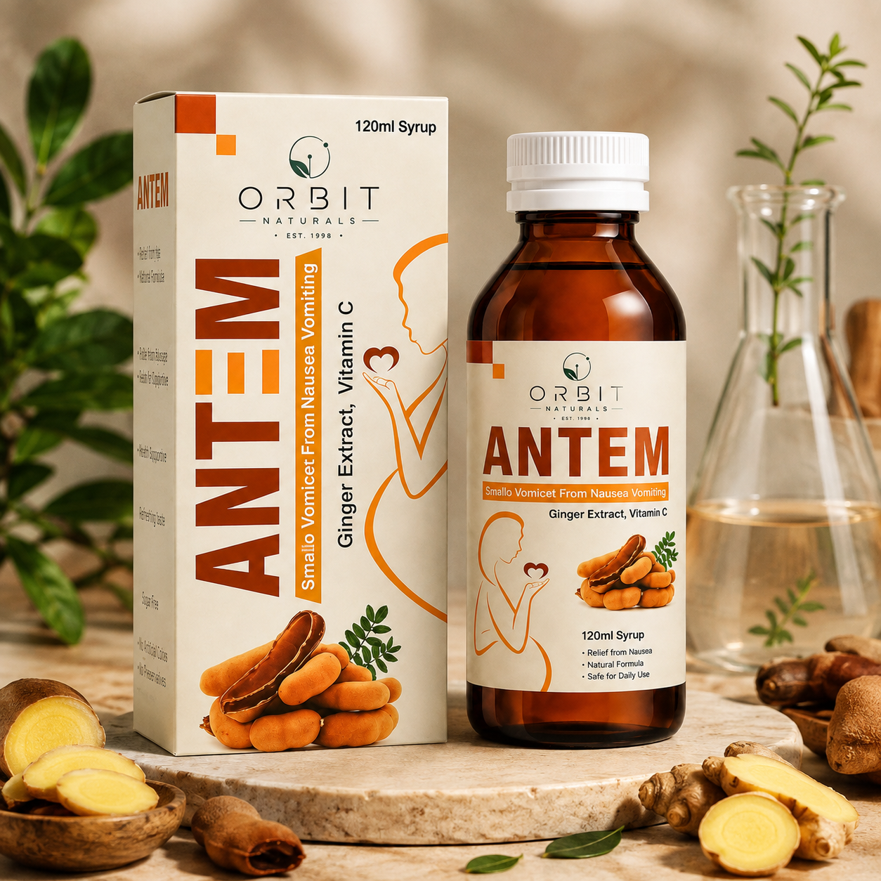Orbit Naturals ANTEM 120ml Syrup bottle and box mockup displayed on a premium stone pedestal with fresh ginger roots, tamarind pods, green botanical leaves, and laboratory glassware. Natural nausea relief syrup with Ginger Extract and Vitamin C in luxury product photography.