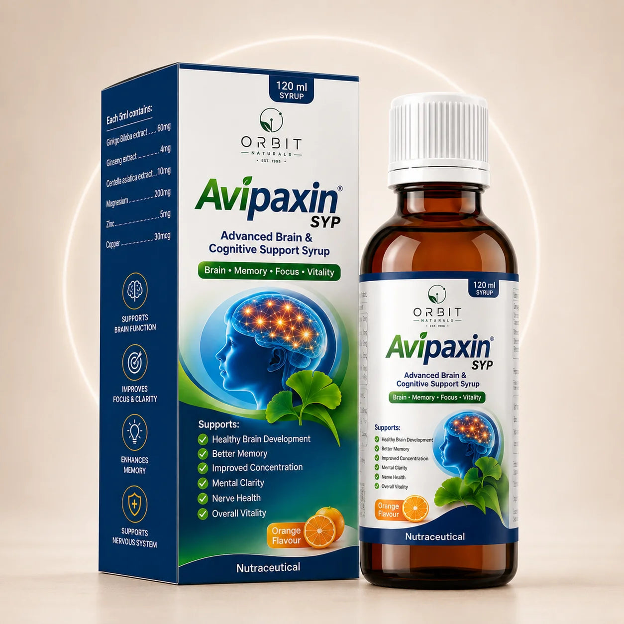 Avipaxin SYP – Advanced Brain & Cognitive Support Syrup | Ginkgo Biloba, Choline, Lecithin & Zinc | 120ml