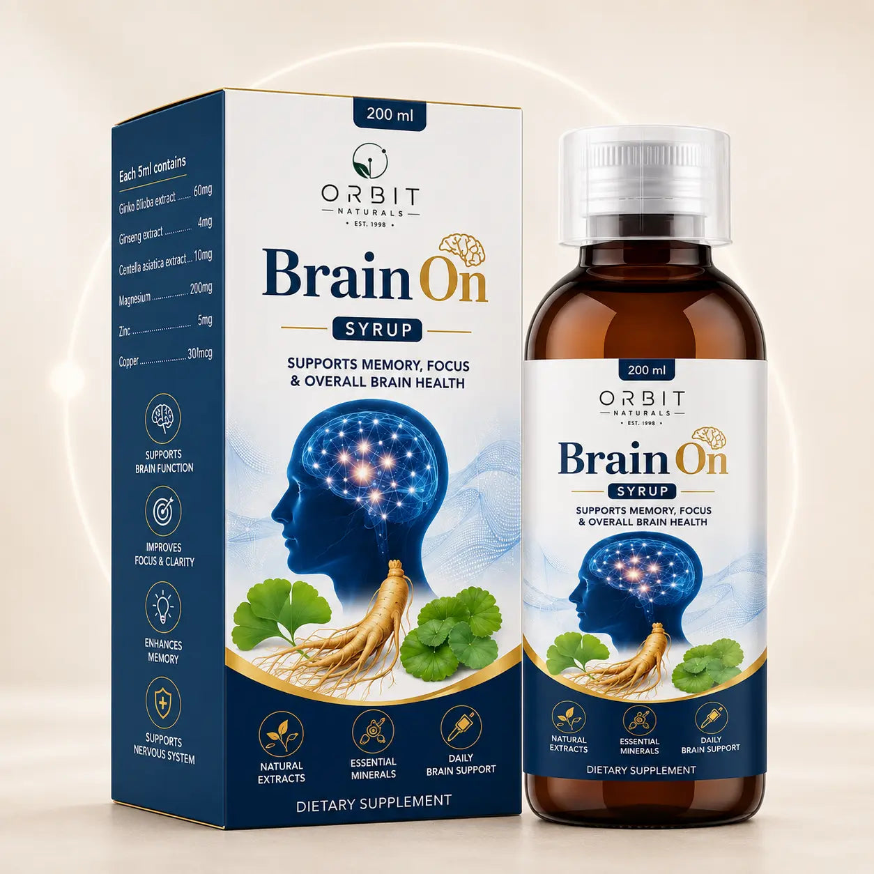 Orbit Naturals BrainOn® Syrup – Advanced Brain & Memory Support Formula | Ginkgo Biloba, Ginseng, Centella Asiatica, Magnesium & Zinc | 200 ml