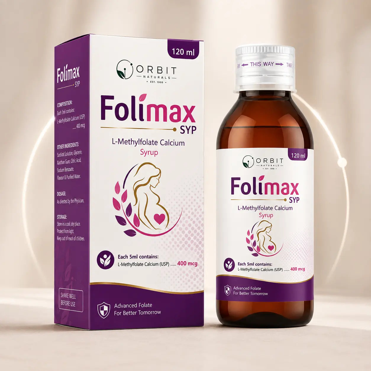 Orbit Naturals Folimax Syrup – L-Methylfolate Calcium Syrup 400 mcg | Advanced Folate Support | 120 ml