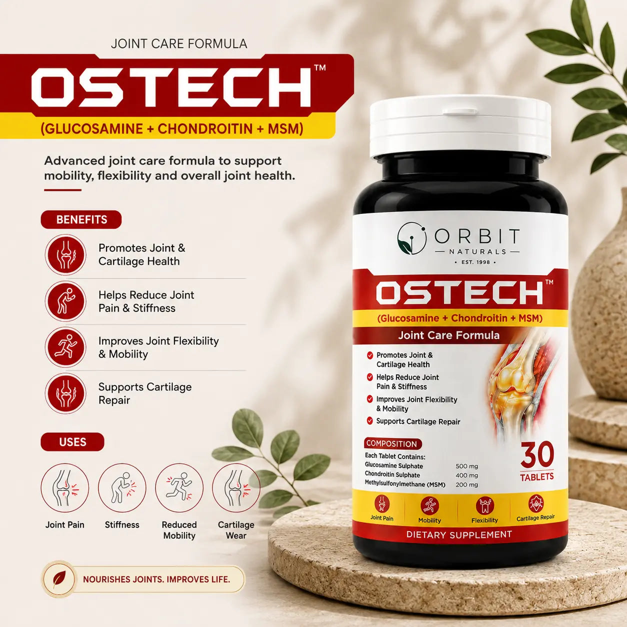 Orbit Naturals Ostech™ Joint Care Formula Tablets – Glucosamine, Chondroitin & MSM | 30 Tablets